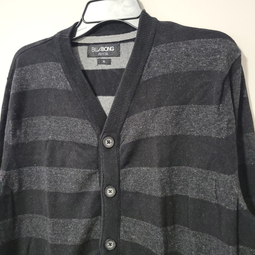 Billabong Cardigan Sweater Mens XL Black Gray Striped Cotton Skate Surf Grandpa